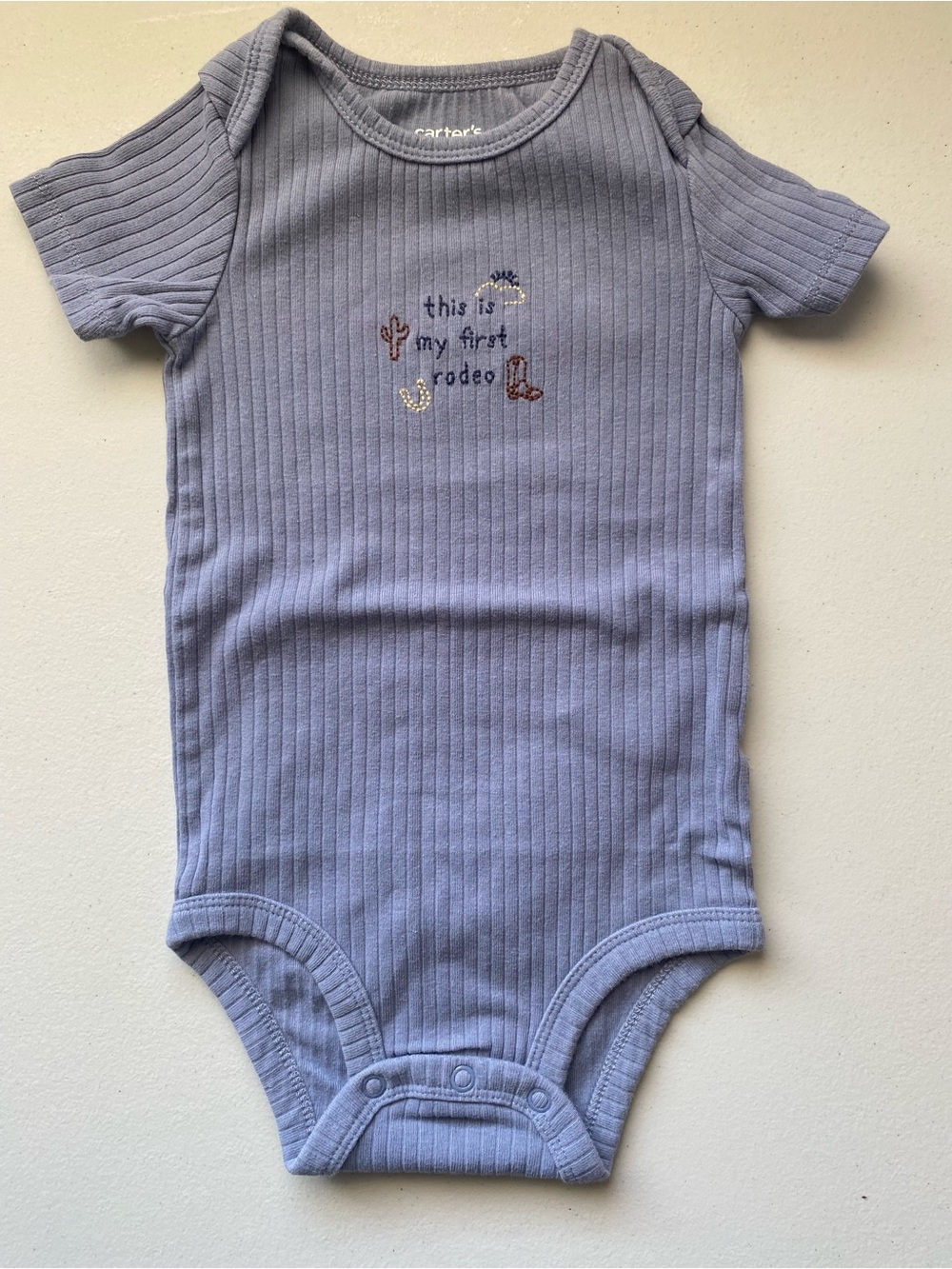 Carter's "This Is My First Rodeo" Blue Ribbed Short Sleeve Bodysuit 12M